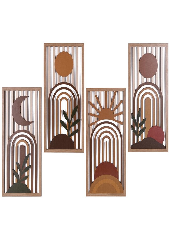 suruim Boho Wall Art Set of 4, Terracotta Wall Decor & Burnt Orange Bedroom Decor, Orange Modern Wall Art with Arch/Botanical Design - Mid-Century 3D Wooden Abstract Geometric Artwork for Home Living Room Office(C) - Image 1